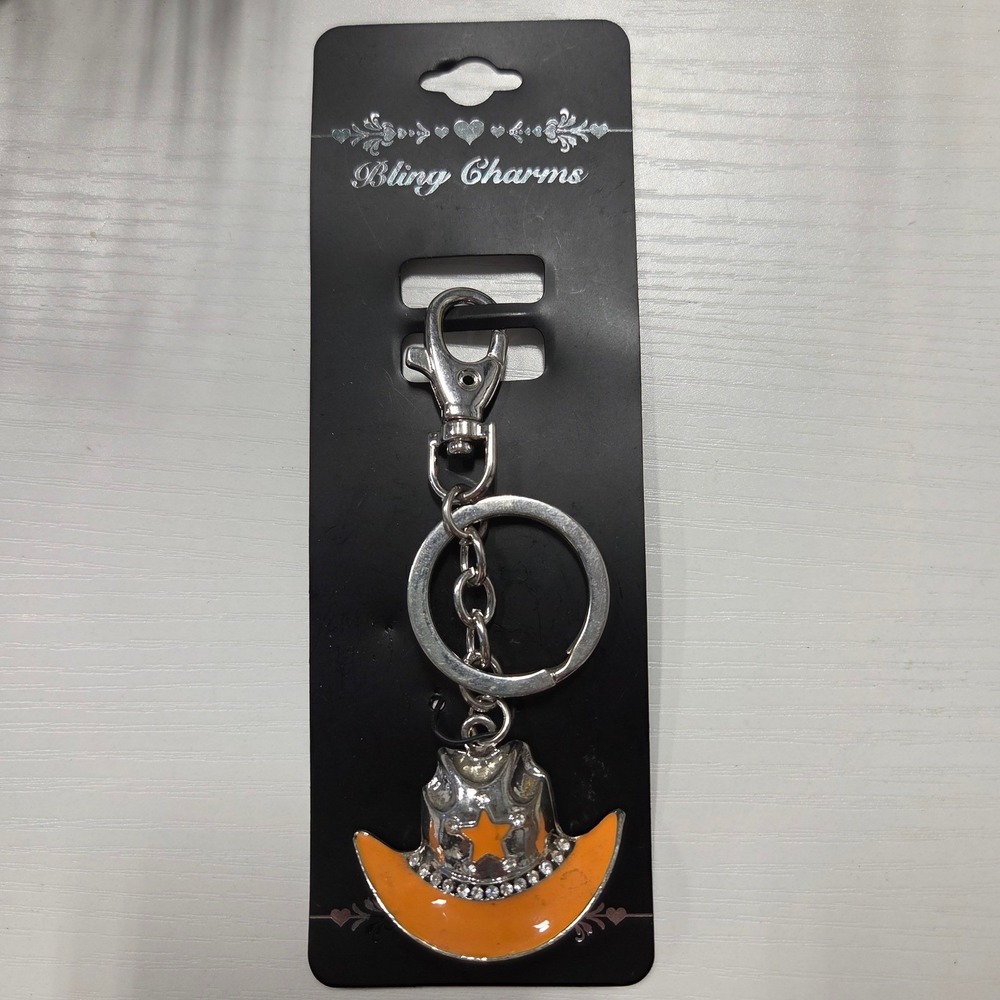 Orange Cowboy Hat Charm Keychain Bling Rhinestone Western Style